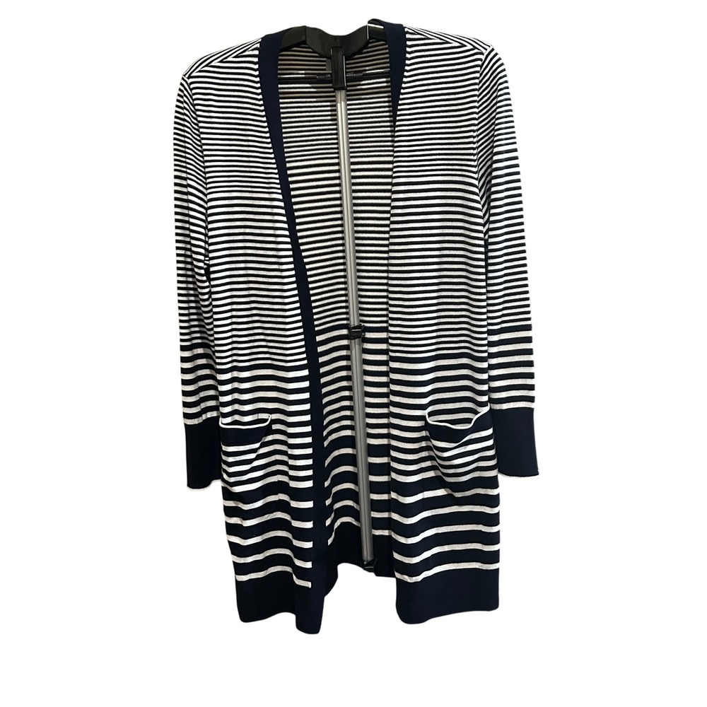 Chico's Striped Cardigan‎ Duster Sweater Knit Pockets Button Front Size 2 (12/L)